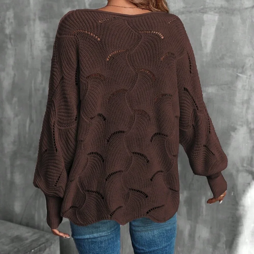 Brown Casual Womens Lantern Sleeve Pointelle Knit Pullover Sweater